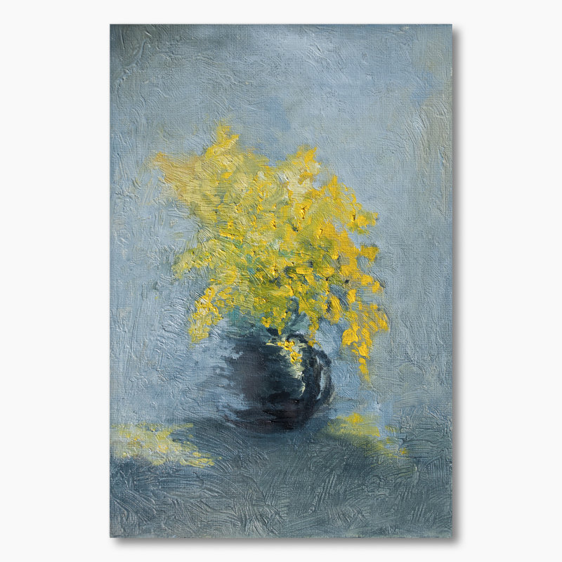 Nature morte jaune et bleu Mimosa - Peinture, H 12 po x l 8 po x P 1 po, Toile tendue