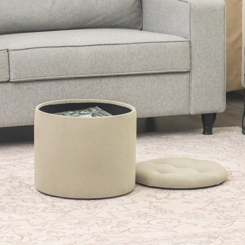 Round Tuffed Upholstered Storage Ottoman, Beige Linen
