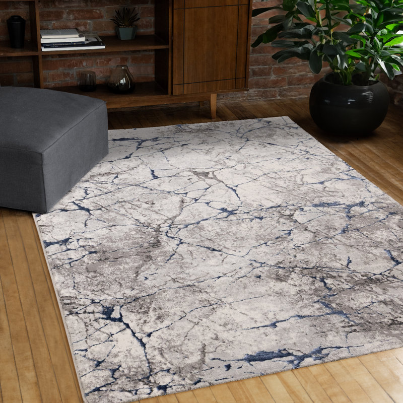 Tapis ivoire, gris, bleu, moderne pour le salon, Rectangle 7 pi 10 po x 10 pi 6 po