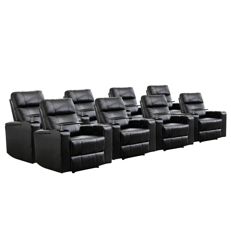 33.1" Wide Modern Electric Power Breathable Vegan Leather Reclining Home Theater Seat with Arm Table (Set of 8), Black