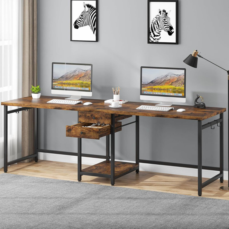 Bureau d'ordinateur 79 pouces pour deux personnes avec tiroirs et tablettes de rangement 79 pouces, Brown/Black