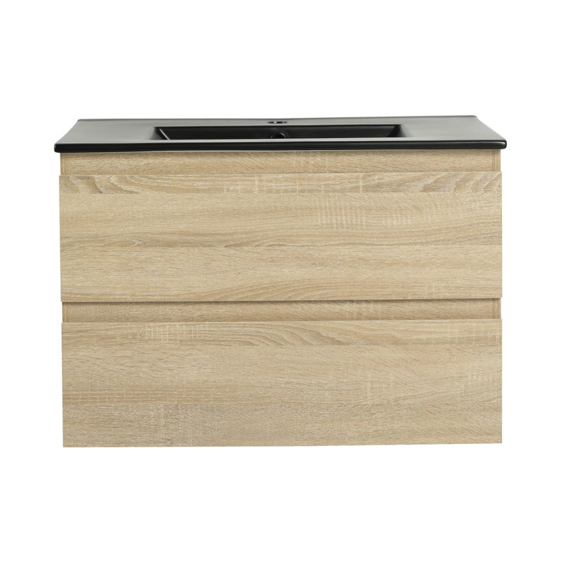 Meuble-lavabo mural de 30 pouces avec lavabo en céramique noire et tiroirs à fermeture en douceur, peu encombrant et élégant