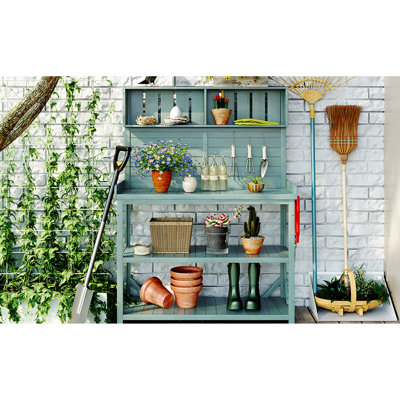 Table de rempotage extérieure, 4 étagères et crochet latéral, construction en bois massif, bureau de jardin de 165 cm (65 po), fabriqué en