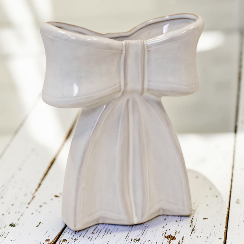 Large White Ceramic Bow Vase, 19cm H x 7cm W x 13cm D