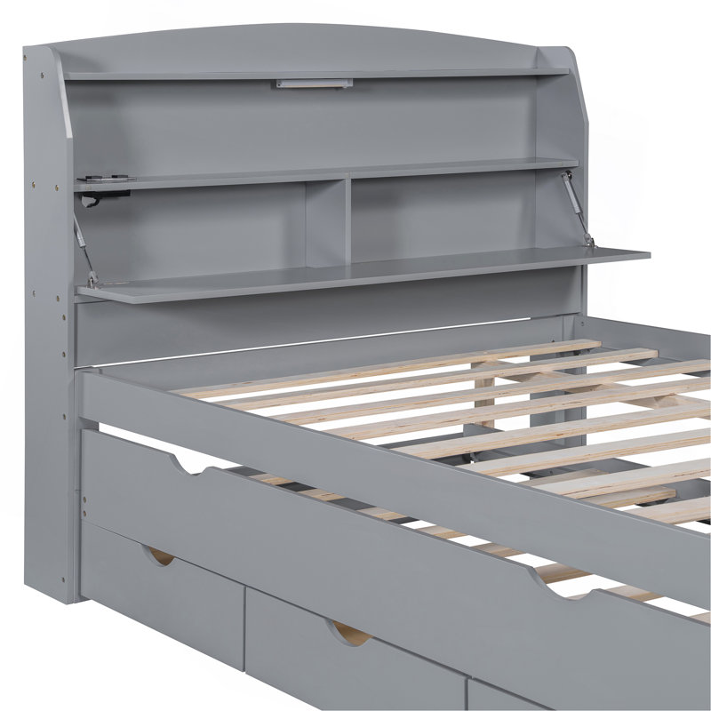 Lit plateforme double en bois avec lit gigogne, tête de lit et tiroirs, Gris, Lit double