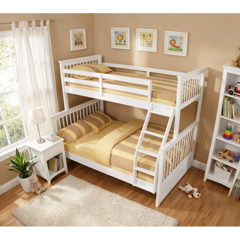 Lit superposé simple au-dessus d'un lit double en bois massif Sofren, Blanc
