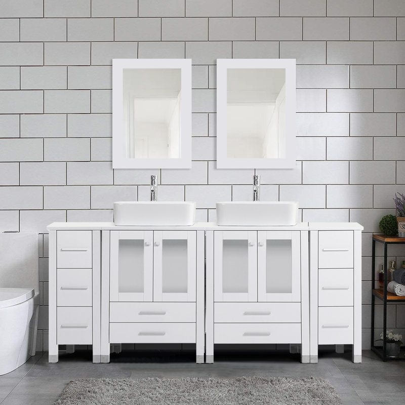 Meuble-lavabo simple 72 po avec comptoir en bois, lavabo vasque, robinet en alliage de zinc, pieds en bois massif, Blanc
