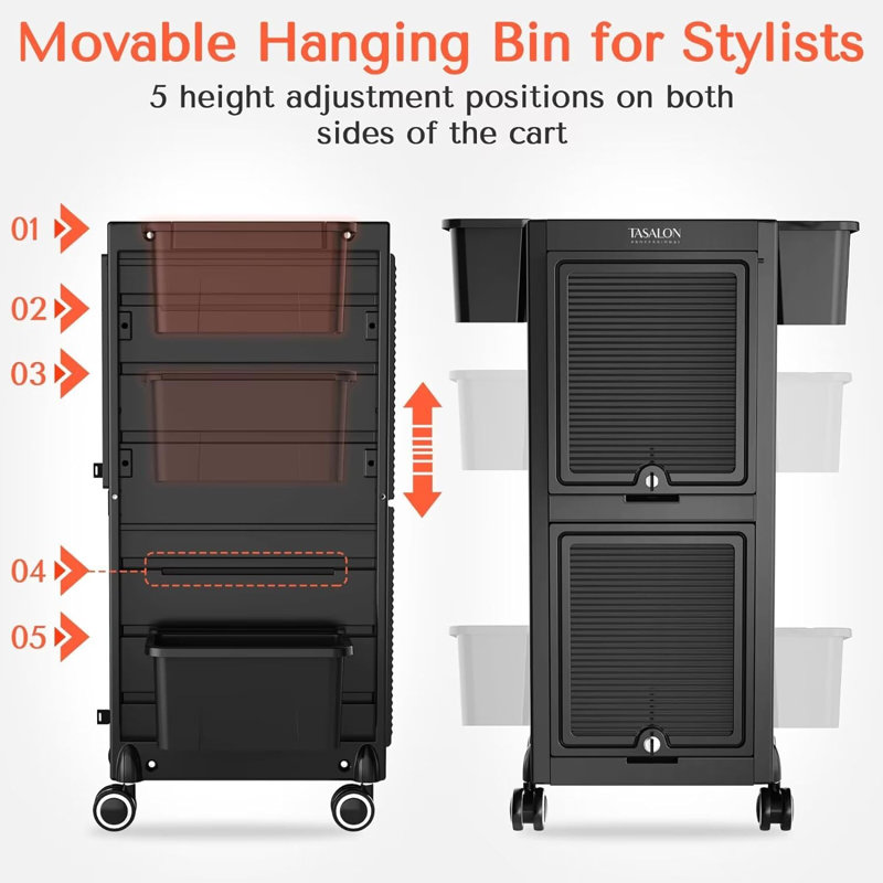 33"H x 13.2"W Salon Trolley Utility Cart With Lockable Wheels, Black