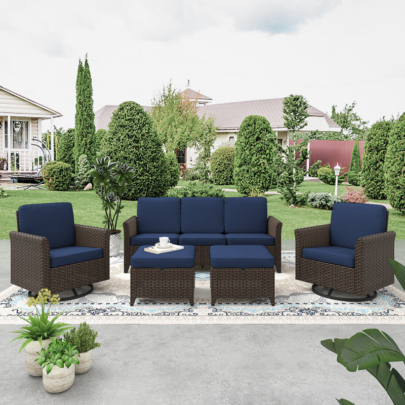 5-Piece Outdoor Wicker Sofa Set, All-Weather High Back with Comfy Cushions, 2 Swivel Rocker Chairs, 2 Ottomans & Sofa for Porch, Deck & Garden