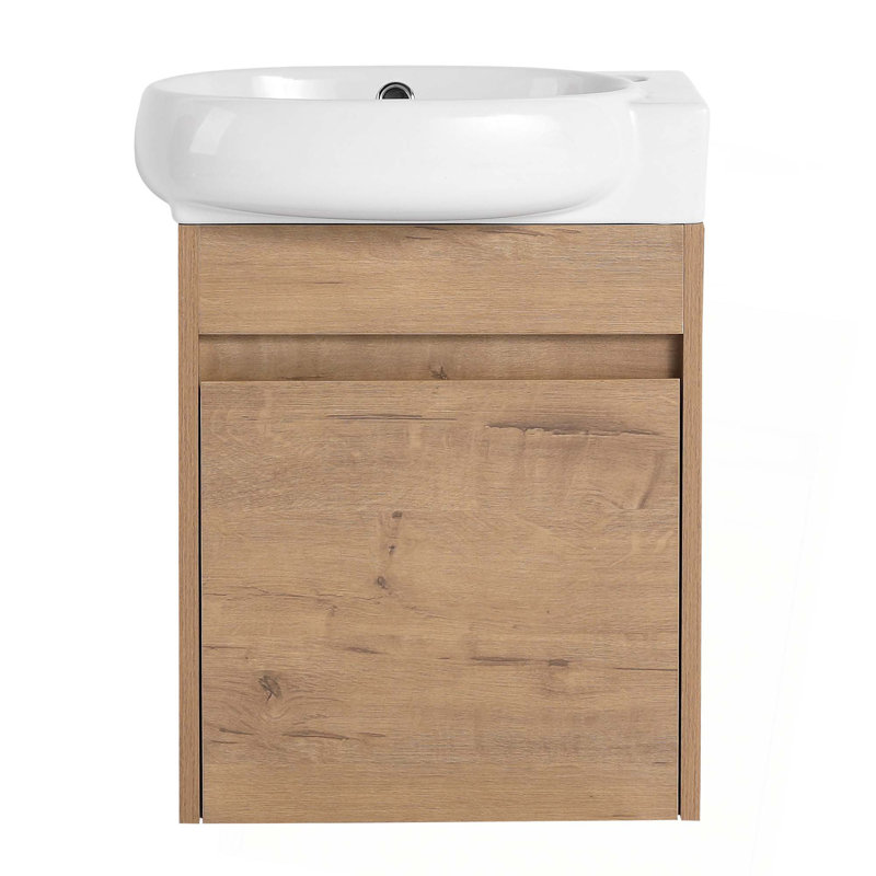 Meuble-lavabo à fermeture en douceur avec lavabo, 16 pouces pour petite salle de bain, Imitation chêne