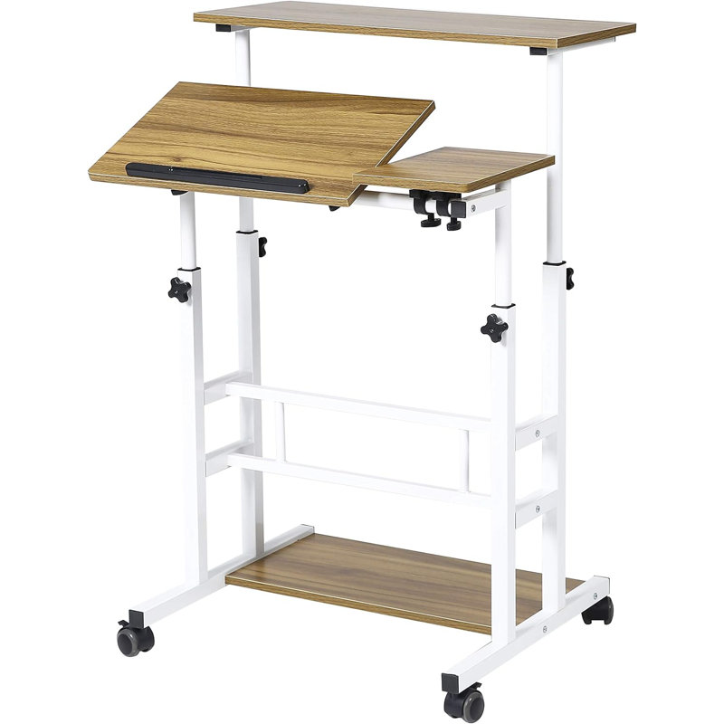 Maletha Adjustable Metal Base Standing Desk, Antique Oak/White