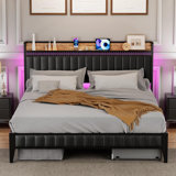 Bed Frame With LED Light And Charging Station, With Storage Headboard
