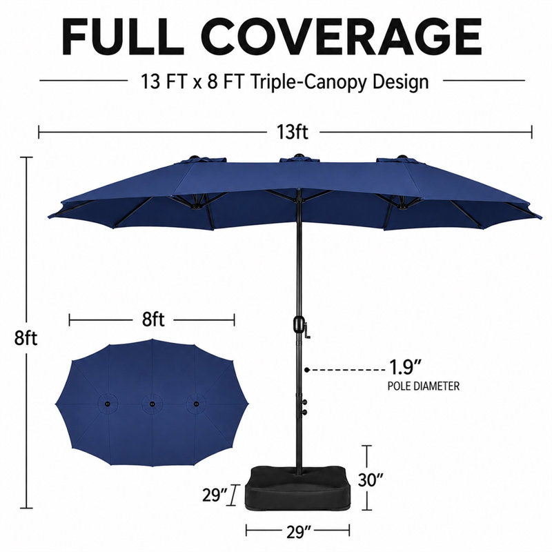 Parasol de marché rectangulaire de 13 pi x 8 pi avec base, parasol de patio triple, bleu marine (sable non inclus), Marine