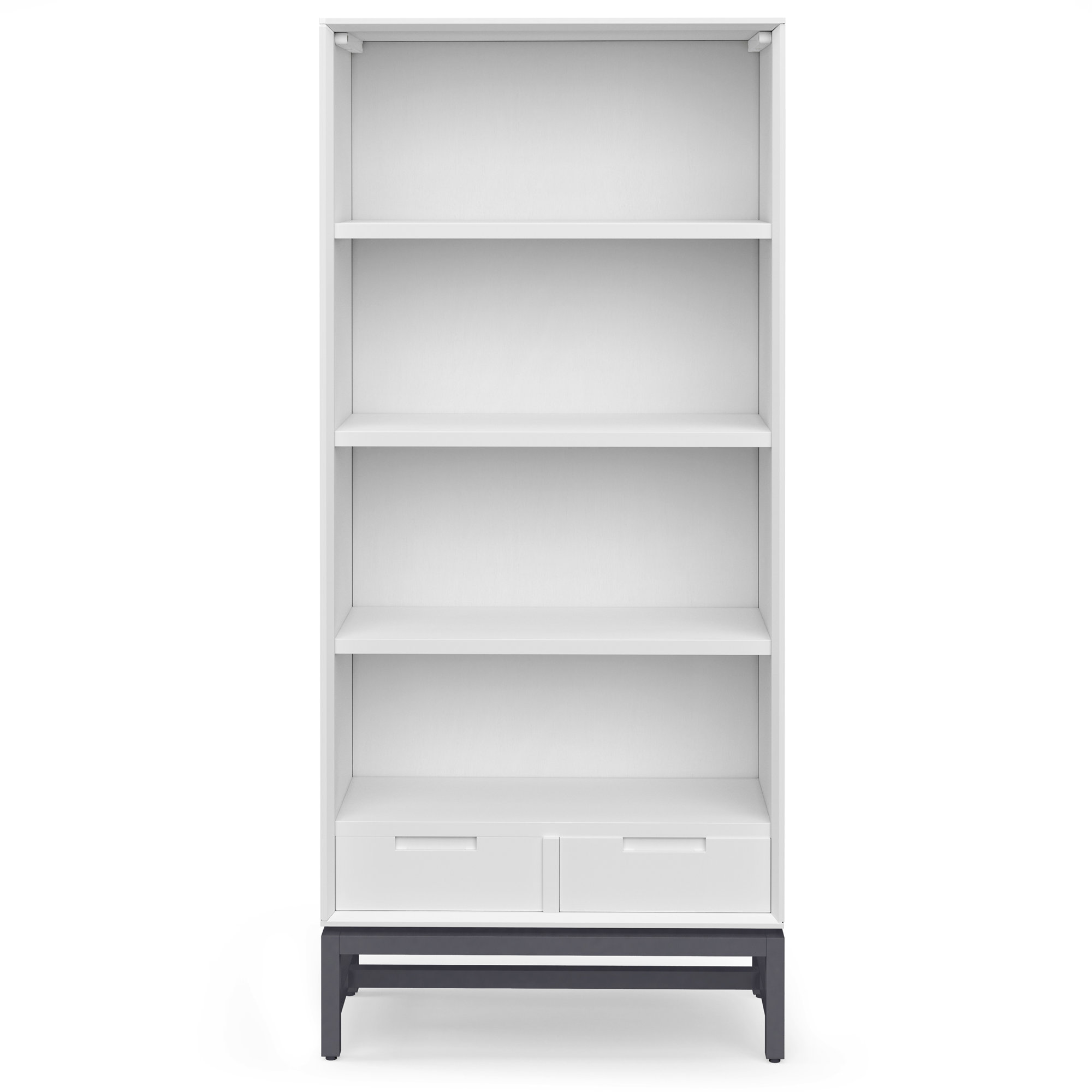 Banting 30"W Solid Wood 4 Shelf Industrial Bookcase with 2 Drawers, Adjustable Shelves, and Metal Base, White/Black