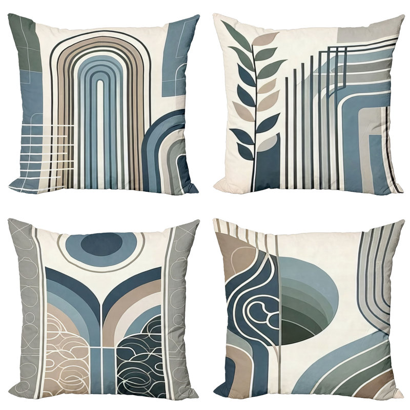 Blue Tan and Grey Teal Mid Century Modern Square Pillow Covers