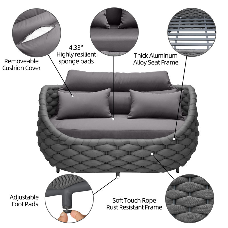 Causeuse d'extérieur en osier 54,7 po avec coussins, Noir, noir, noir, noir, Gris foncé