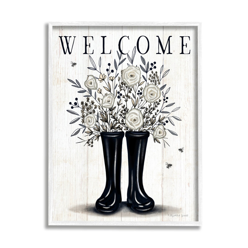 Welcome, roses blanches, jardinage, H 14 po x l 11 po x P 1,5 po, Giclée encadrée blanc bord de mer