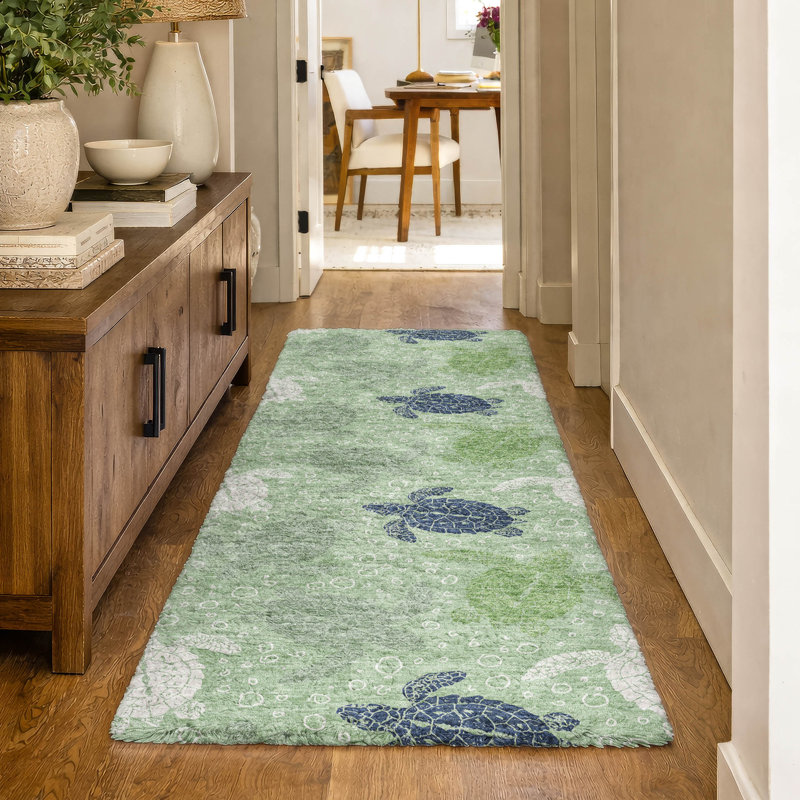 Premium Machine Washable Dream Shag ADS192 Turtles Rug, 2'3" x 7'6" Runner, Green
