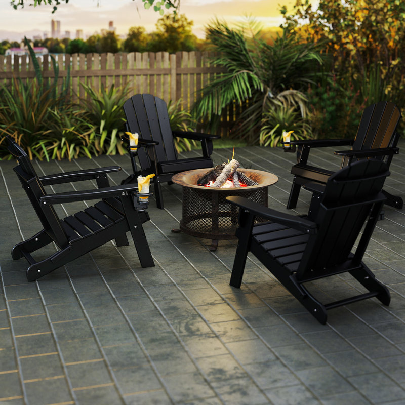 Ensemble de 8 chaises Adirondack d'extérieur pliables avec porte-gobelet, Noir
