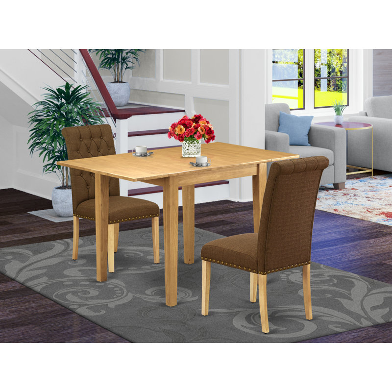 3 Piece Dining Table Set Contains a Rectangle Dining Room Table with Dropleaf and 2 Brown Linen Fabric Upholstered Chairs, Oak