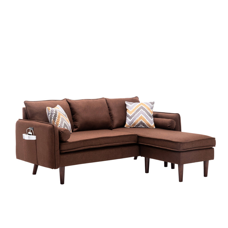 Canapé modulaire brun de 70 po avec méridienne réversible, deux points de recharge disponibles, 4 coussins décoratifs, revêtement en lin, arrangement à 3 sièges, structure effilée en bois massif de 70 po incluse, pochette pour téléphone, tablette