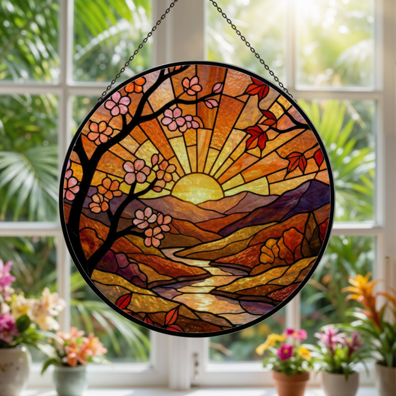 Panneau de vitrail 12 "H Sunset Landscape, H 12 po x l 12 po