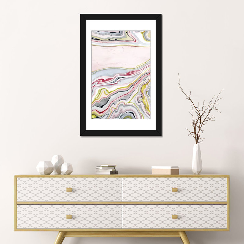 «Watercolor Marbler I», impression sur toile, H 24 po x l 16 po x P 1 po, Papier avec cadre noir, Blanc