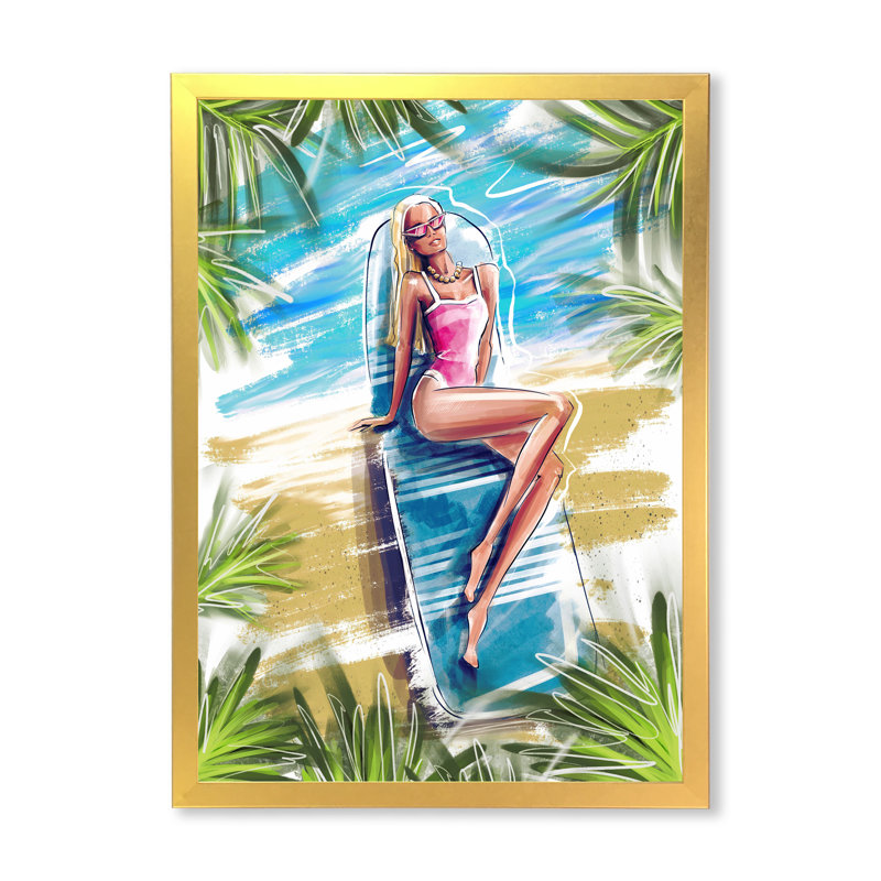 «Beautiful Blond Model at the Beach Sunbathing - Floater Frame, peinture sur toile», H 20 po x l 12 po x P 1po