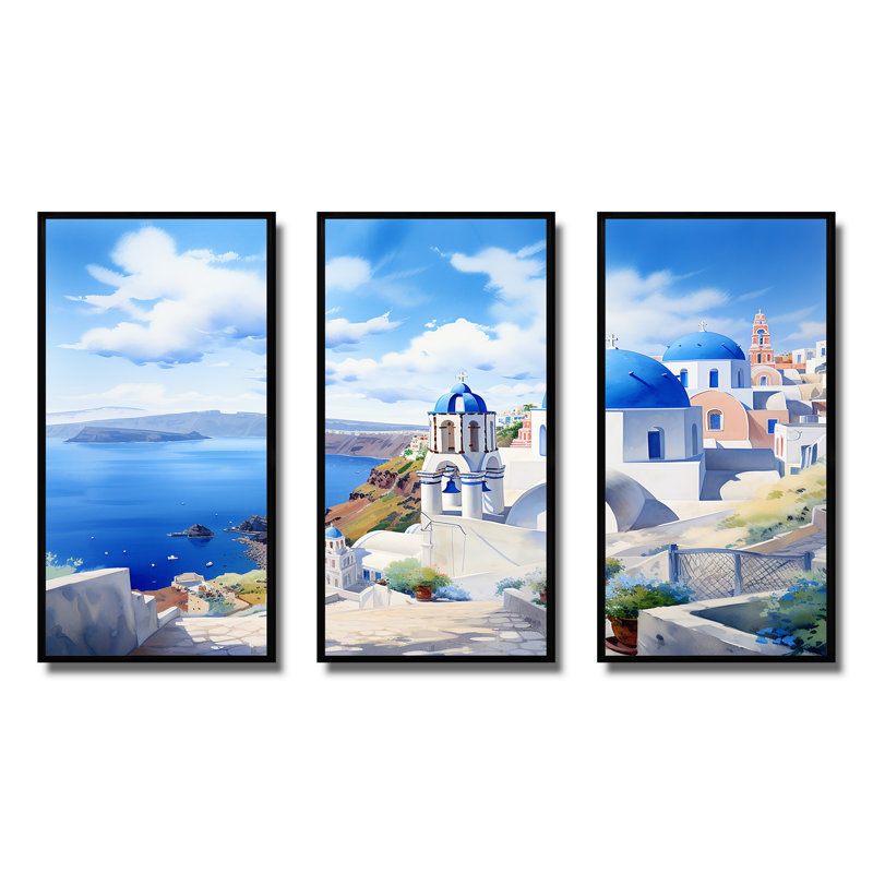 Santorini, Grèce, bord de mer, village sérénité II - Grèce, art mural, Cadre flottant noir, H 40 po x l 61 po