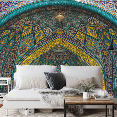 Turquoise Mosaic Arch Ceiling Wall Mural, Ornate Persian Tile Wallpaper for Home Decor