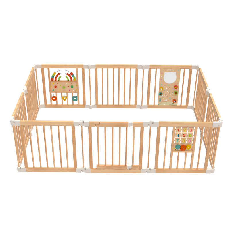 Parc pour bébé 10 panneaux pliable avec structure en bois de pin massif, panneaux d'activité et porte, 10 panneaux