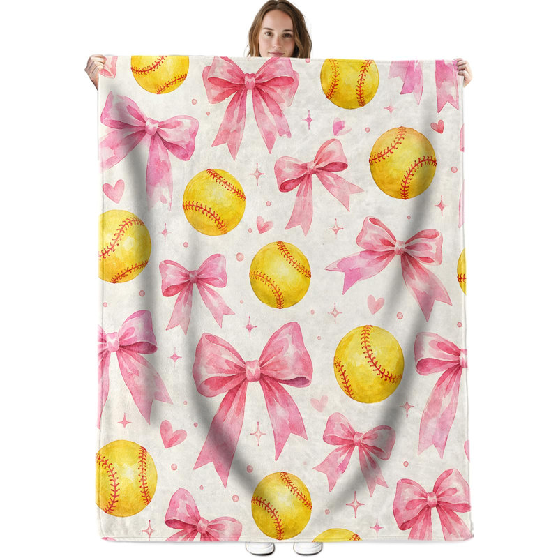 Couverture de balle molle rose à nœud, jeté en flanelle, cadeau idéal pour les amatrices de softball, décoration sportive sur le thème du softball, couverture légère et douce pour canapé ou fauteuil, 127 x 152 cm
