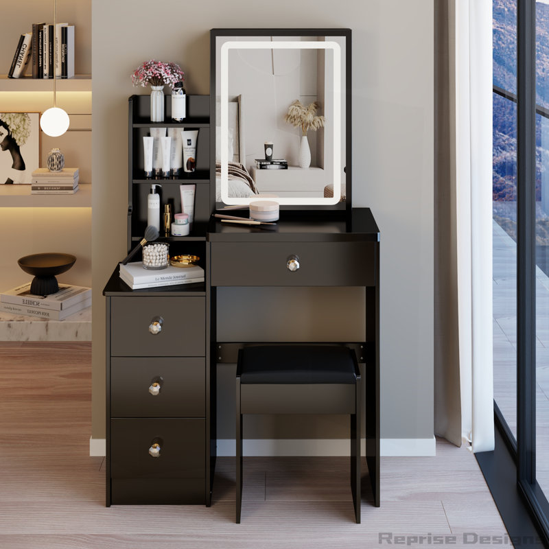 Table de coiffeuse avec tabouret de chevet gauche 29,2 po, Noir