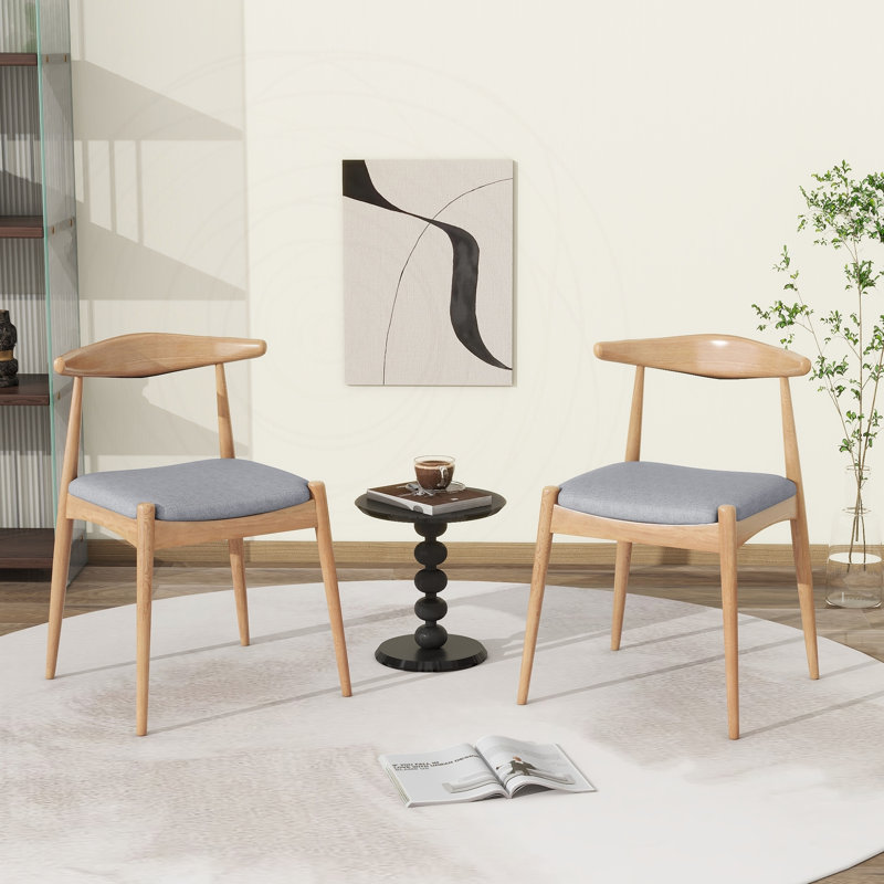 Ensemble de 2 chaises de salle à manger rétro en bois d'hévéa avec dossier ergonomique, Grey Polyester, Natural
