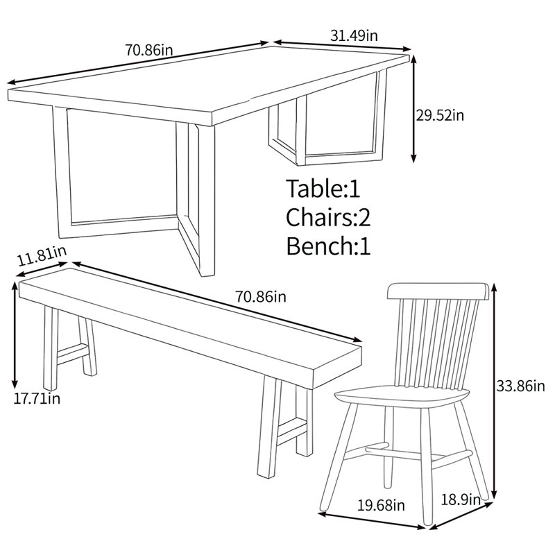 Ensemble de tables haut de gamme en bois massif, H 29,52 po x L 70,86 po x l 31,49 po