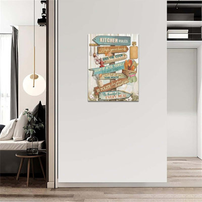 Farmhouse Kitchen Pictures Wall Decor - Rustic Kitchen Rules Sign Canvas Prints - Modern Home Framed Artwork - 16"X24"