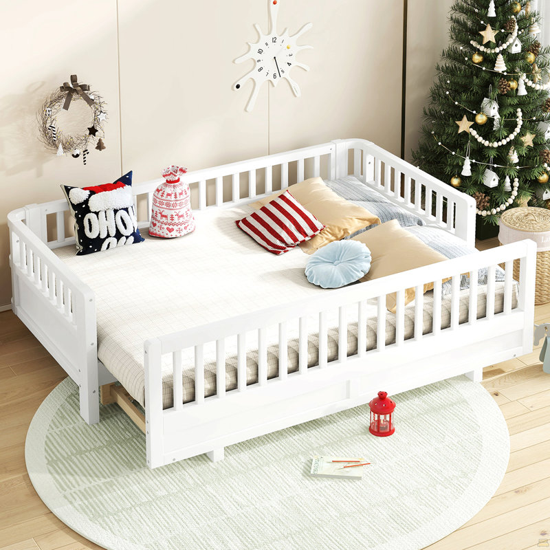 Lit plateforme simple TG avec garde-corps, structure de lit simple TG en bois massif, Blanc