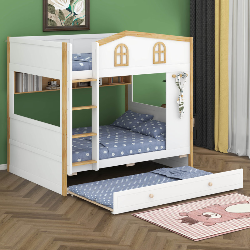 Lit superposé en forme de maison avec tablettes ouvertes intégrées et crochets latéraux, lit superposé en bois avec lit gigogne