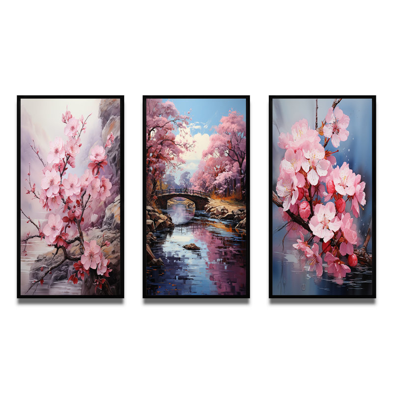 Asian Art Cherry Blossom - Ensemble de 3 pièces, Cadre noir, H 28 po x l 36 po