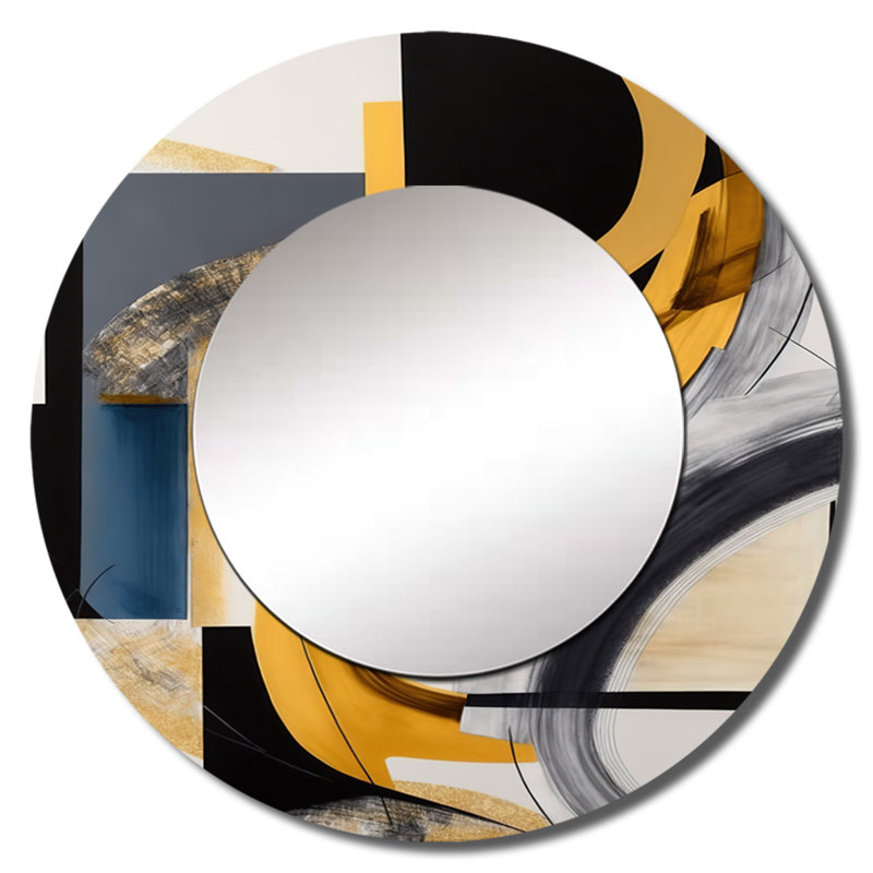 Rafiah Glam Gold And Black Expression IV - Abstract Spirals Decorative Wall Mirror, Modern Round Mirror, Printed Metal Art