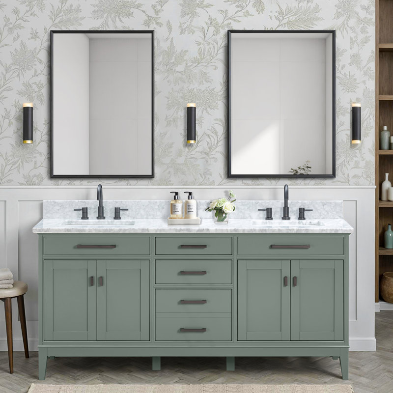 Madison 72" Double Bathroom Vanity Set, Carrera White, Smoke Green