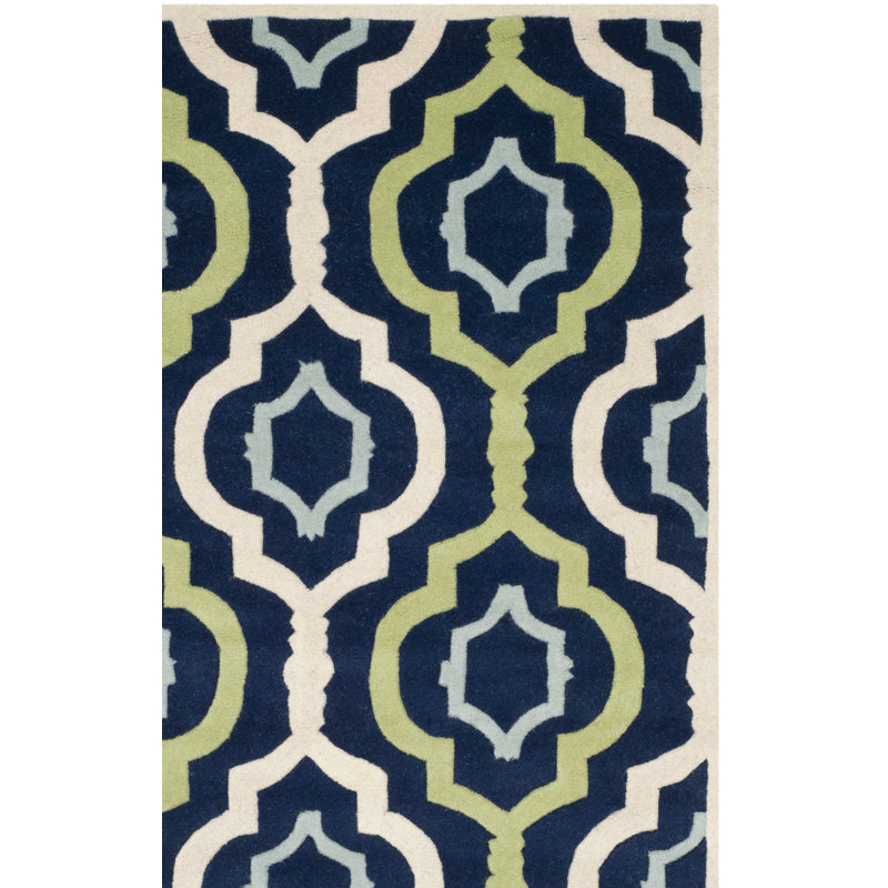 Tapis vert / bleu / beige en laine touffeté à motif géométrique Carolene, Tapis de couloir 2 pi 3 po x 9 pi