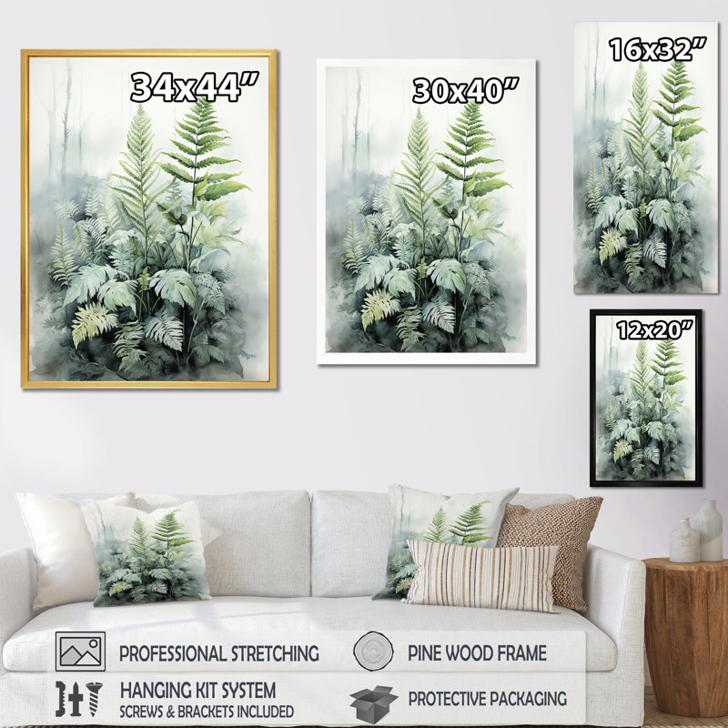 Zacaria Minimal Ferns Emerald Reverie I sur toile, H 20 po x l 12 po x P 1 po, Cadre photo noir