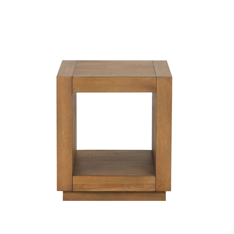 Table de bout carrée avec socle, tablette inférieure ouverte, salon moyen contemporain à finition chêne moyen