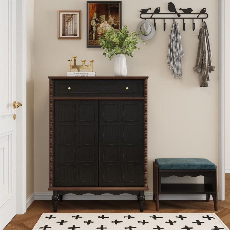 French-Style Small Shoe Storage Cabinet, Black/Walnut