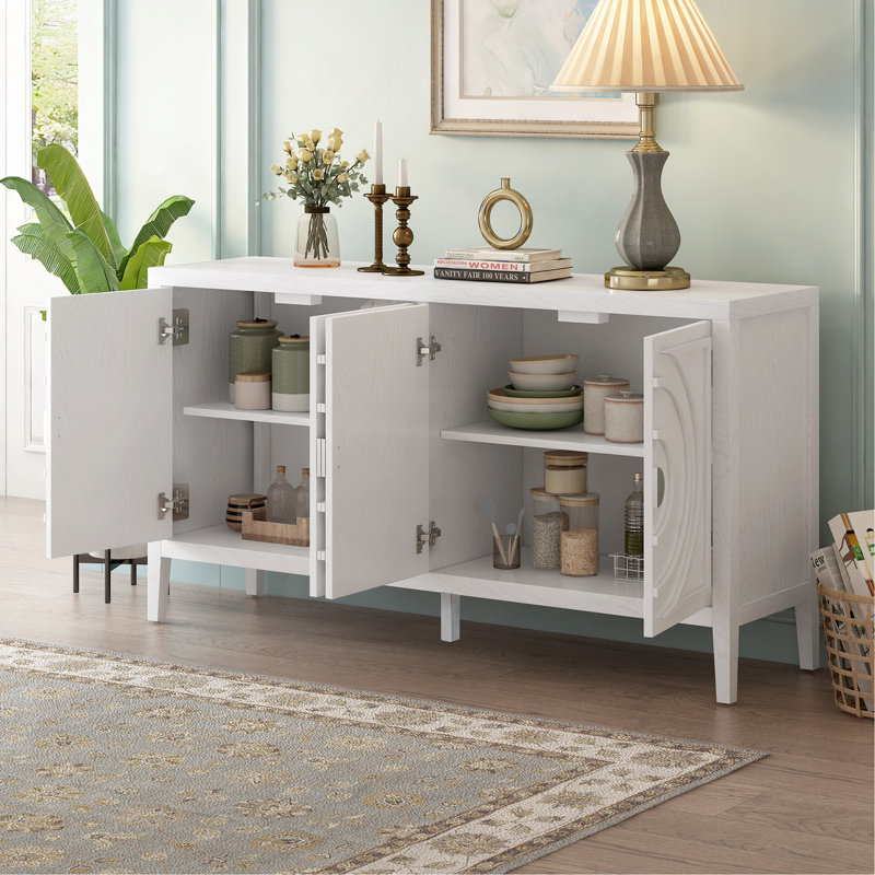Sideboard Retro Door With Circular Groove Design Round Metal Door Handle For Entrance, Dining Room, Living Room, White