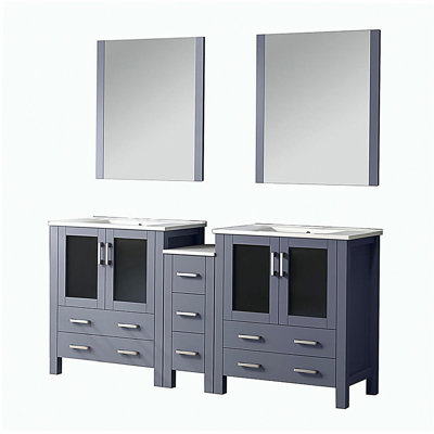 Double bathroom vanity with side cabinet white ceramic countertop and mirror