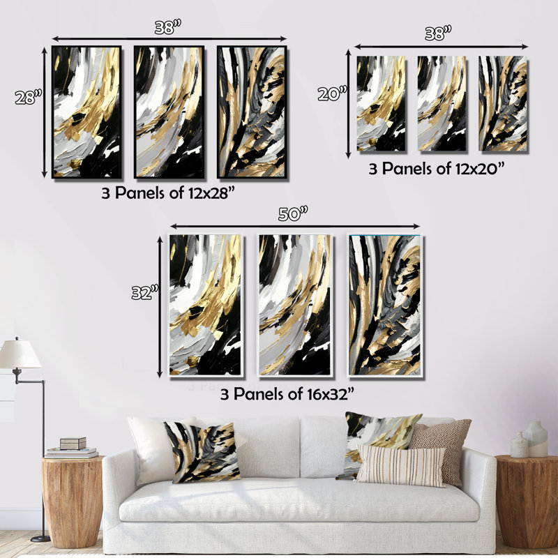 "Rythme de plaisir abstrait noir et or", 3 pièces sur toile, Encadrement doré, H 40 po x l 60 po