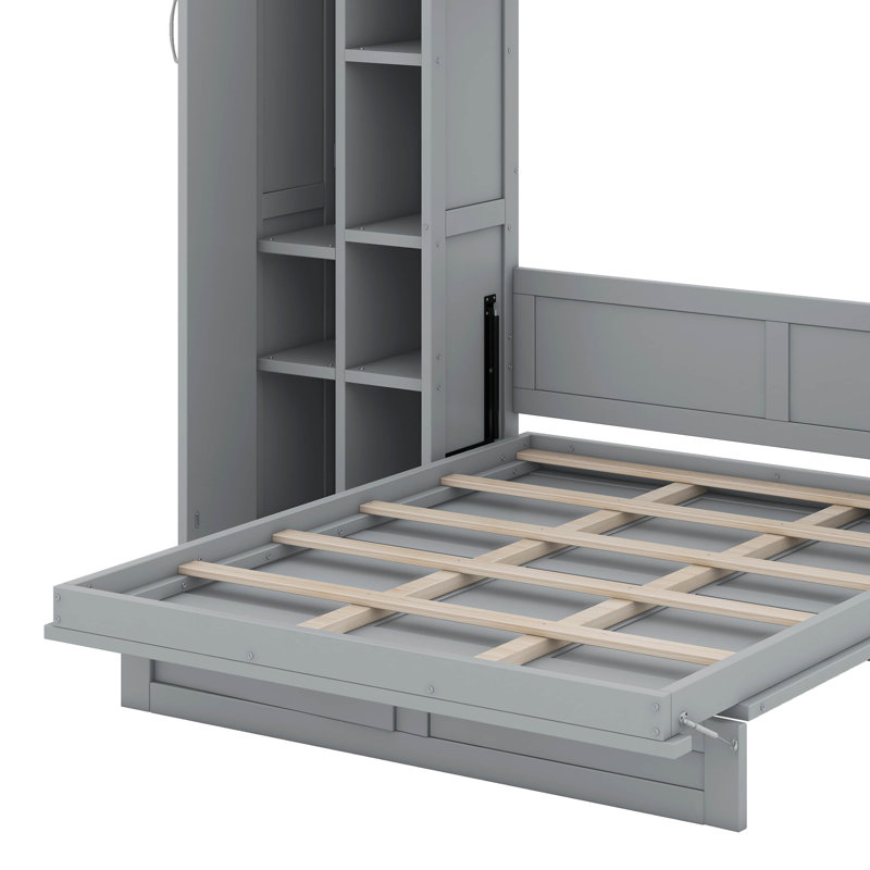 Lit escamotable mural Murphy avec tablettes, garde-robe et DEL, Lit double, Gris