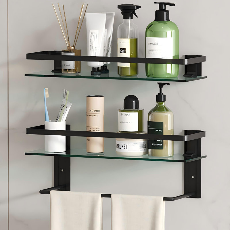Tablettes à 2 niveaux en verre trempé - Fixation murale 15,7 po avec porte-serviettes, cadre antirouille, Noir